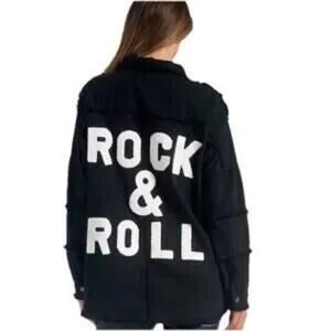 Elan Rock & Roll Denim Shacket Jacket Devan Black Snap Front Frayed Trim Small